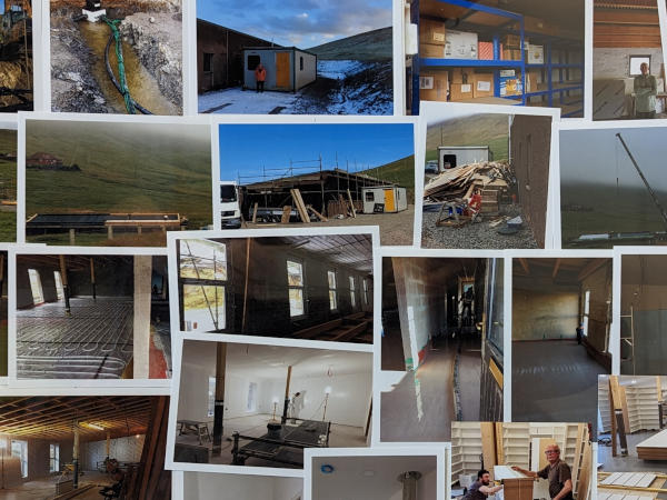 A collage of photos showing different stages of the bookshop construction